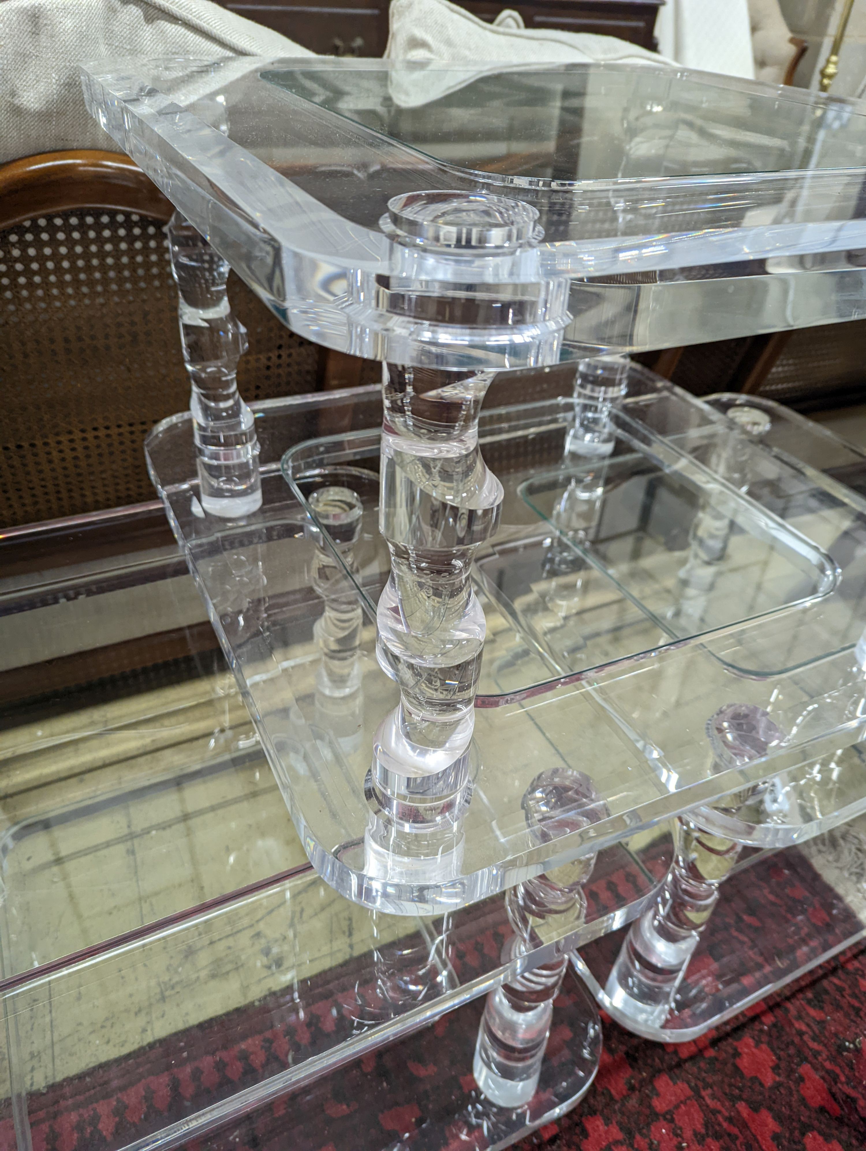 A set of three contemporary square perspex and glass two tier occasional tables, width 60cm, height 40cm